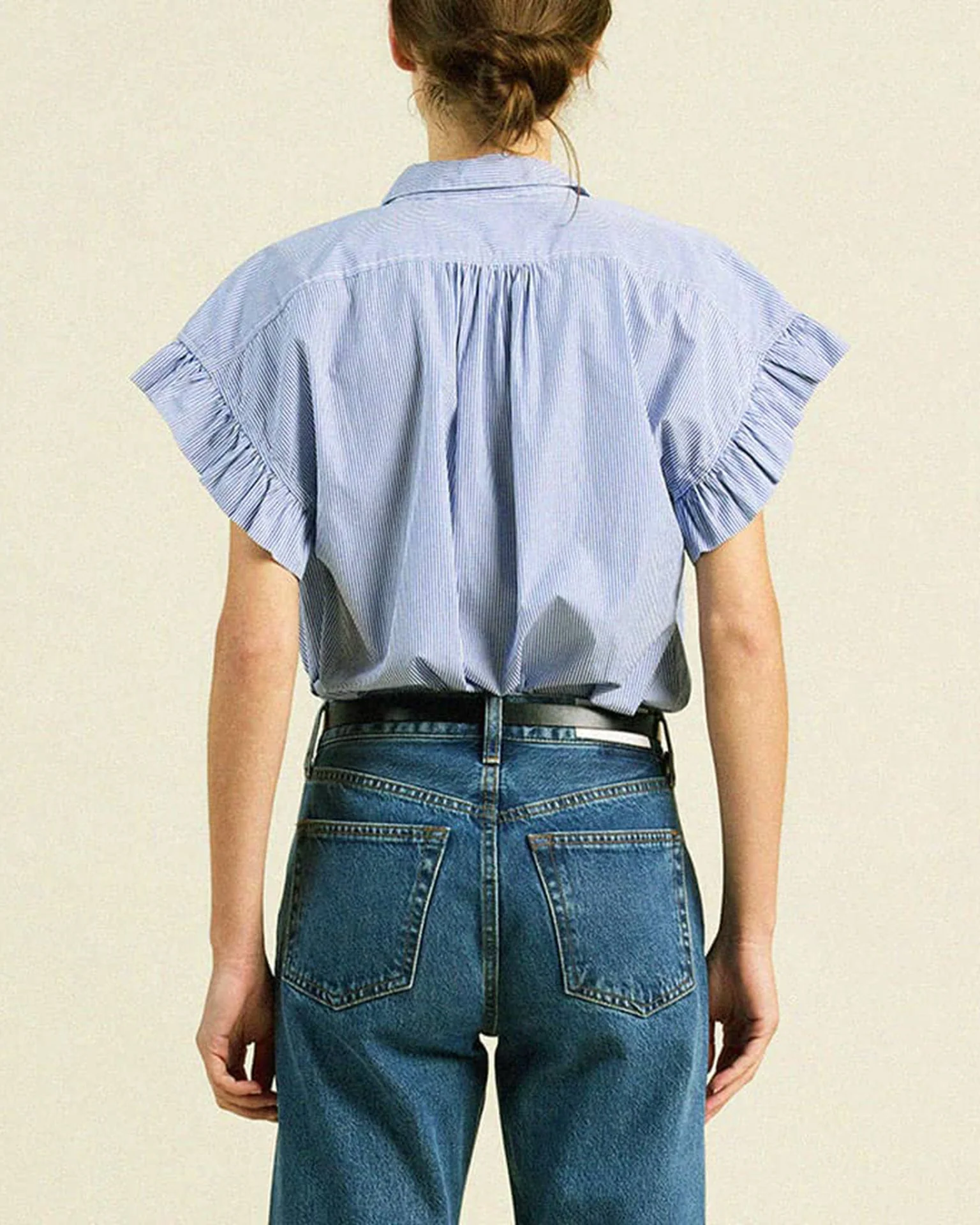 Marianne B Ruffle Slv Shirt in Blue/White Stripe - Image 3