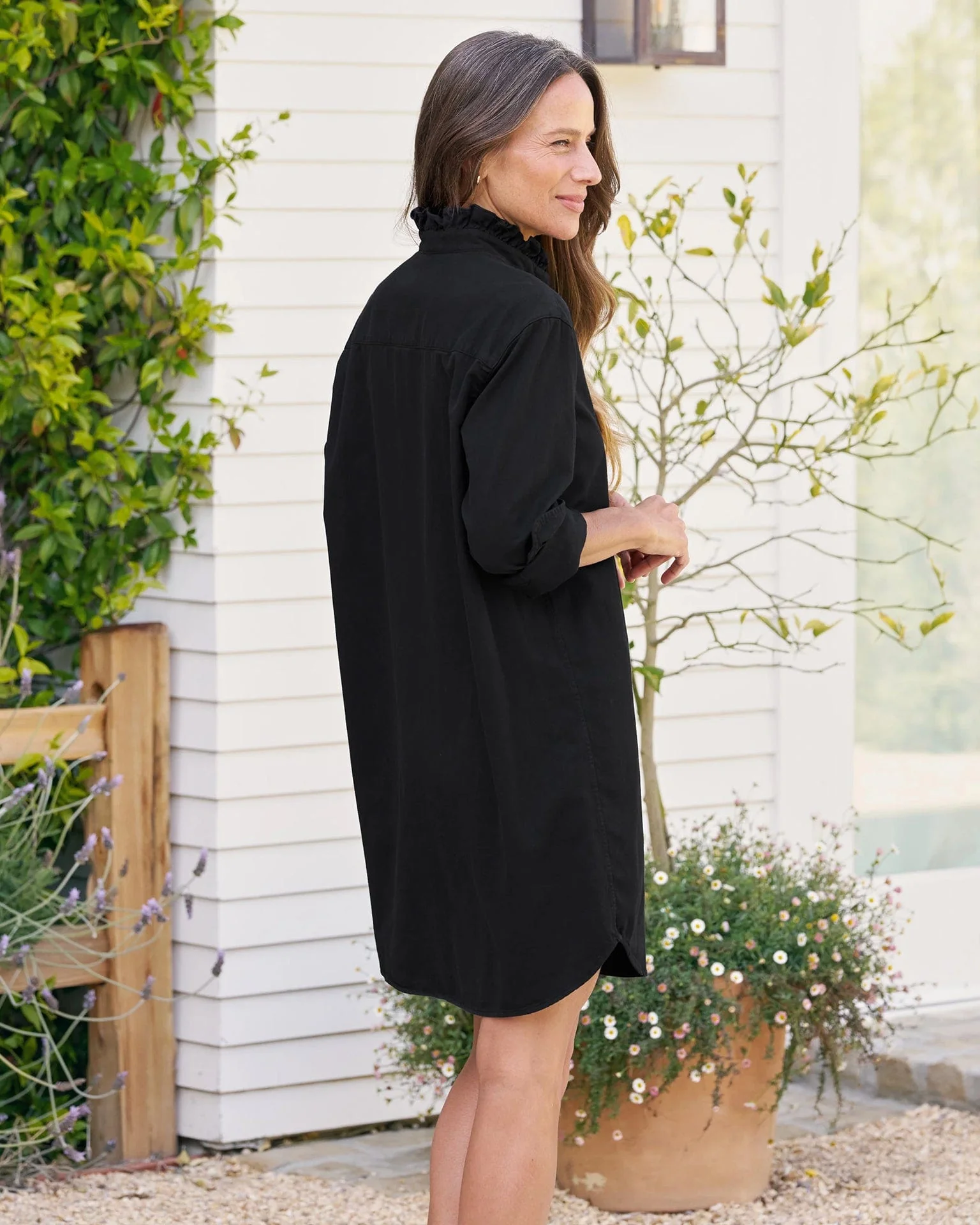 Ruffle Mary Classic Shirtdress in Black Distressed Famous Denim - Image 4