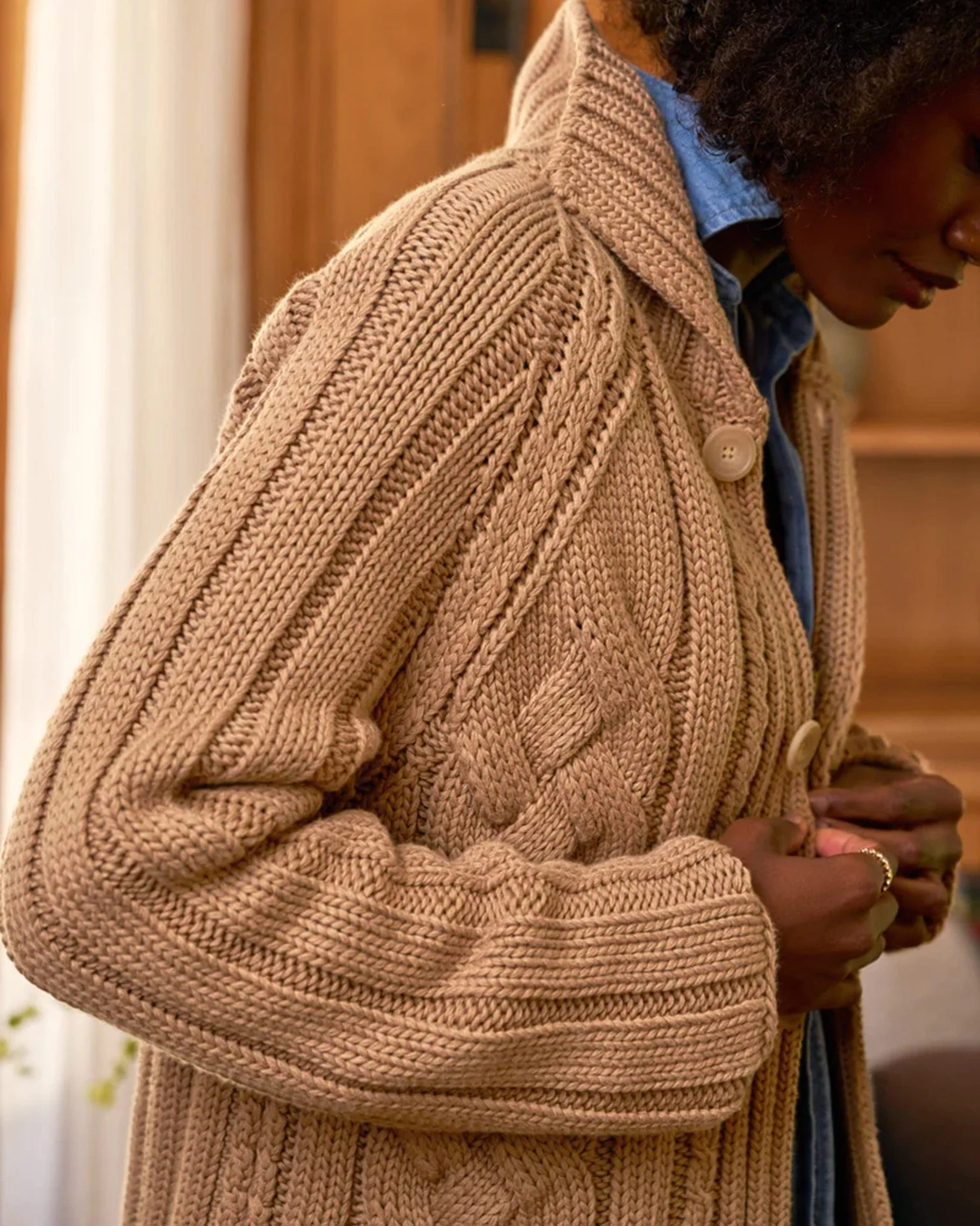 Mini Cotswolds Cable Cardigan in Camel - Image 5