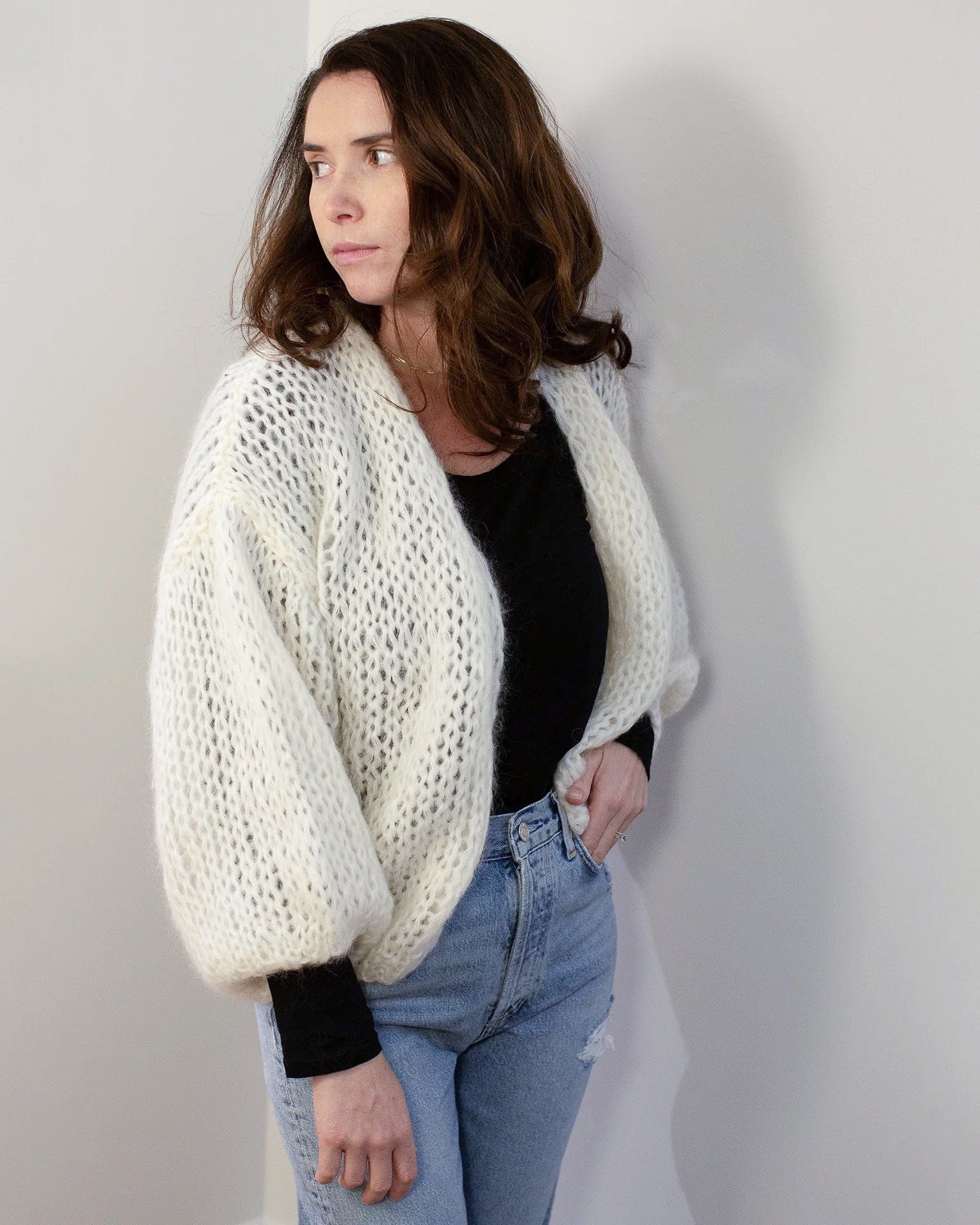 Mohair Bomber Cardigan in Creme - Image 3