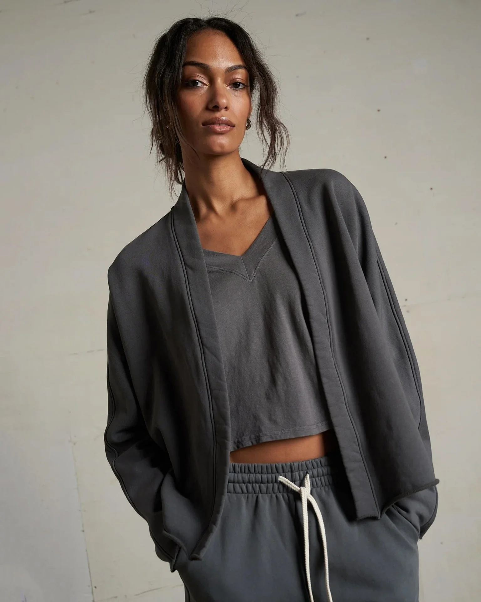 Olivia Fleece Short Cardigan in Charcoal