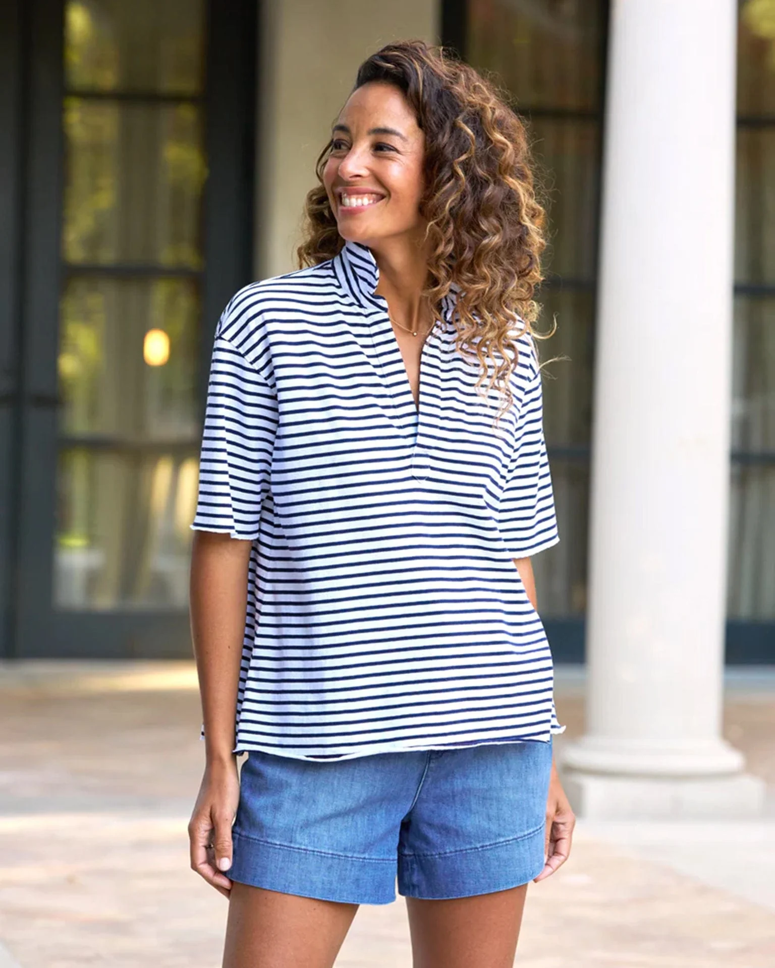 Patty Popover S/S Henley in White & British Royal Navy Stripe Jersey