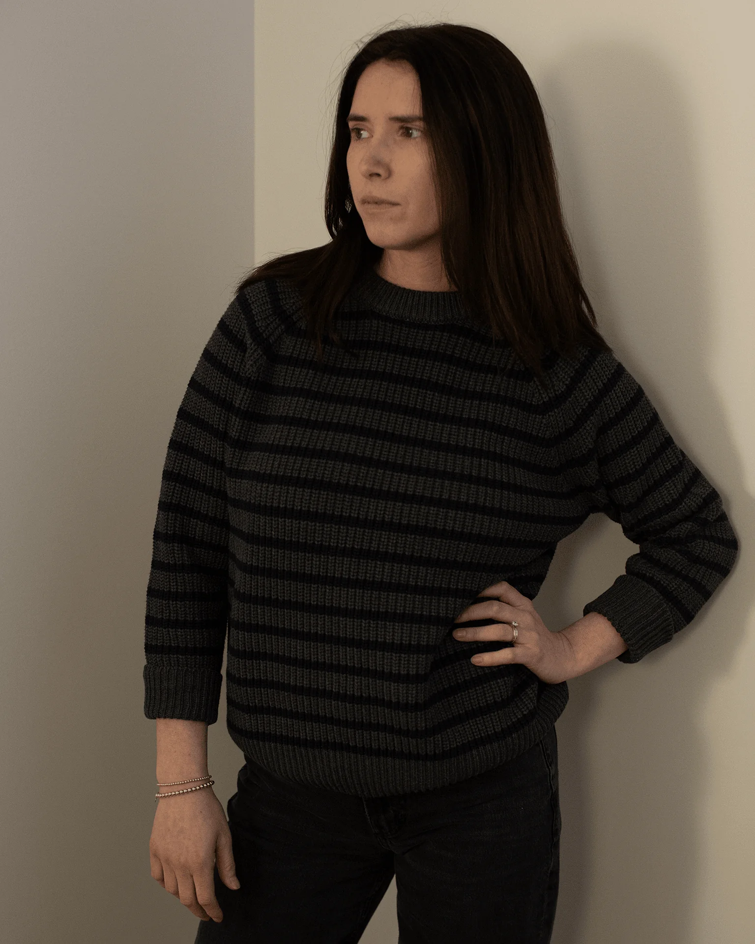 Phoebe Stripe Cotton Sweater in Charcoal Heather / Navy