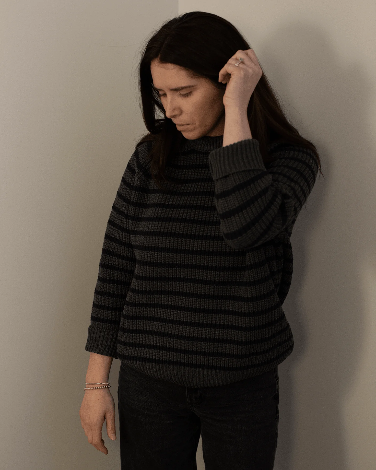 Phoebe Stripe Cotton Sweater in Charcoal Heather / Navy - Image 2