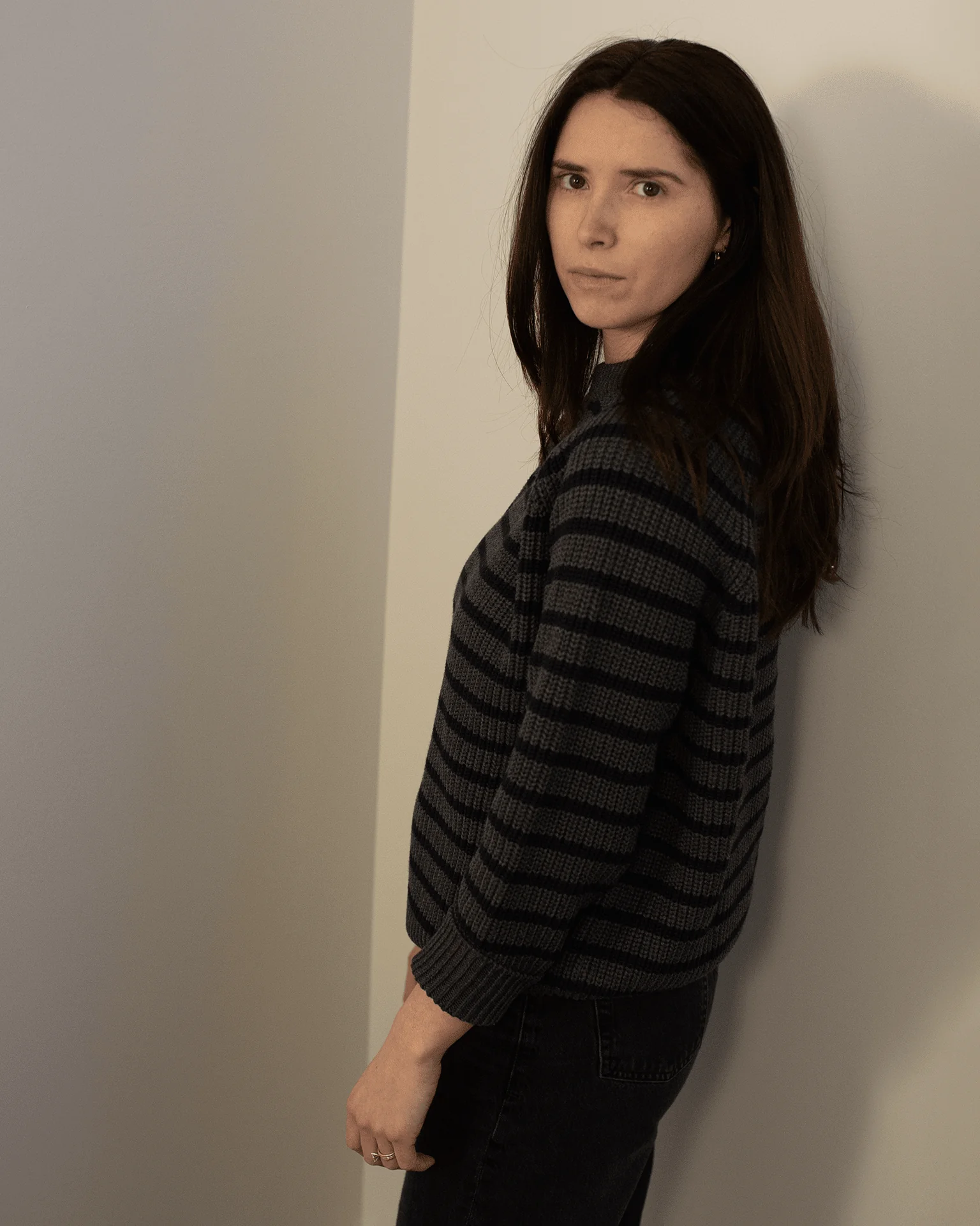 Phoebe Stripe Cotton Sweater in Charcoal Heather / Navy - Image 3