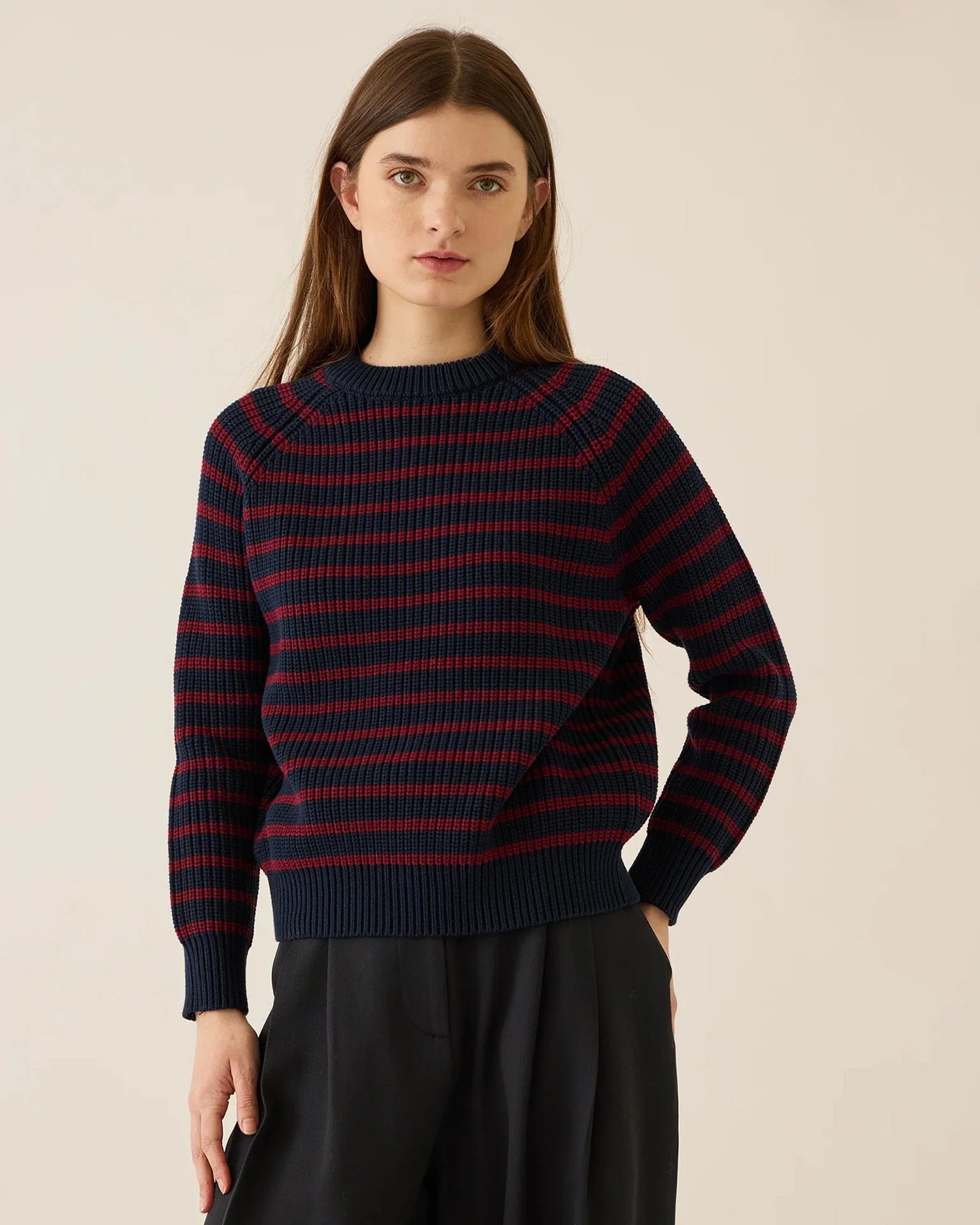Phoebe Stripe Cotton Sweater in Navy/Burgundy