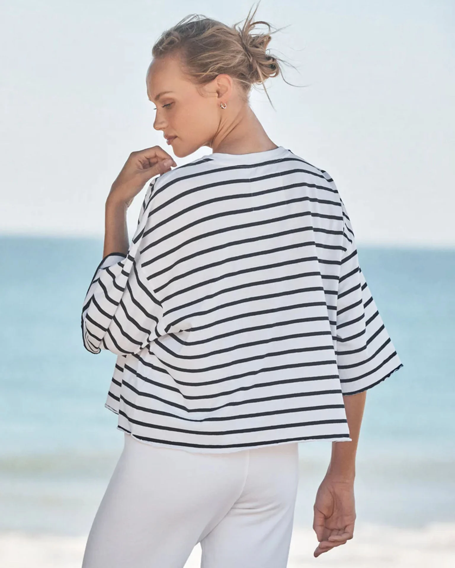 Presley - Oversized SS Crop Tee in Navy French Stripe - Image 2