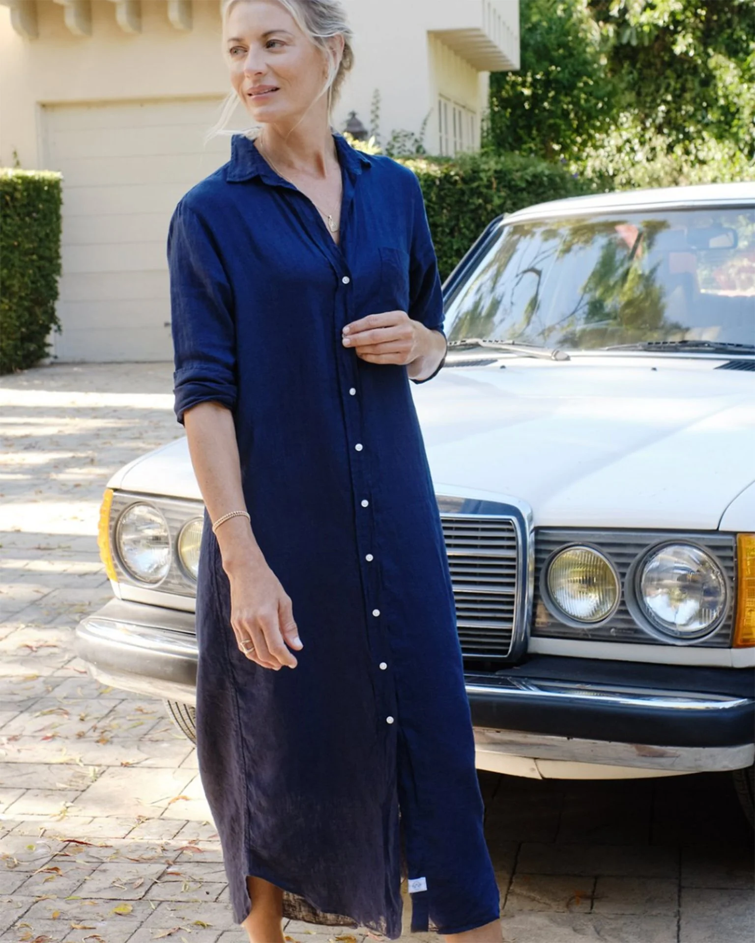 Rory Woven Long Dress in Navy Linen
