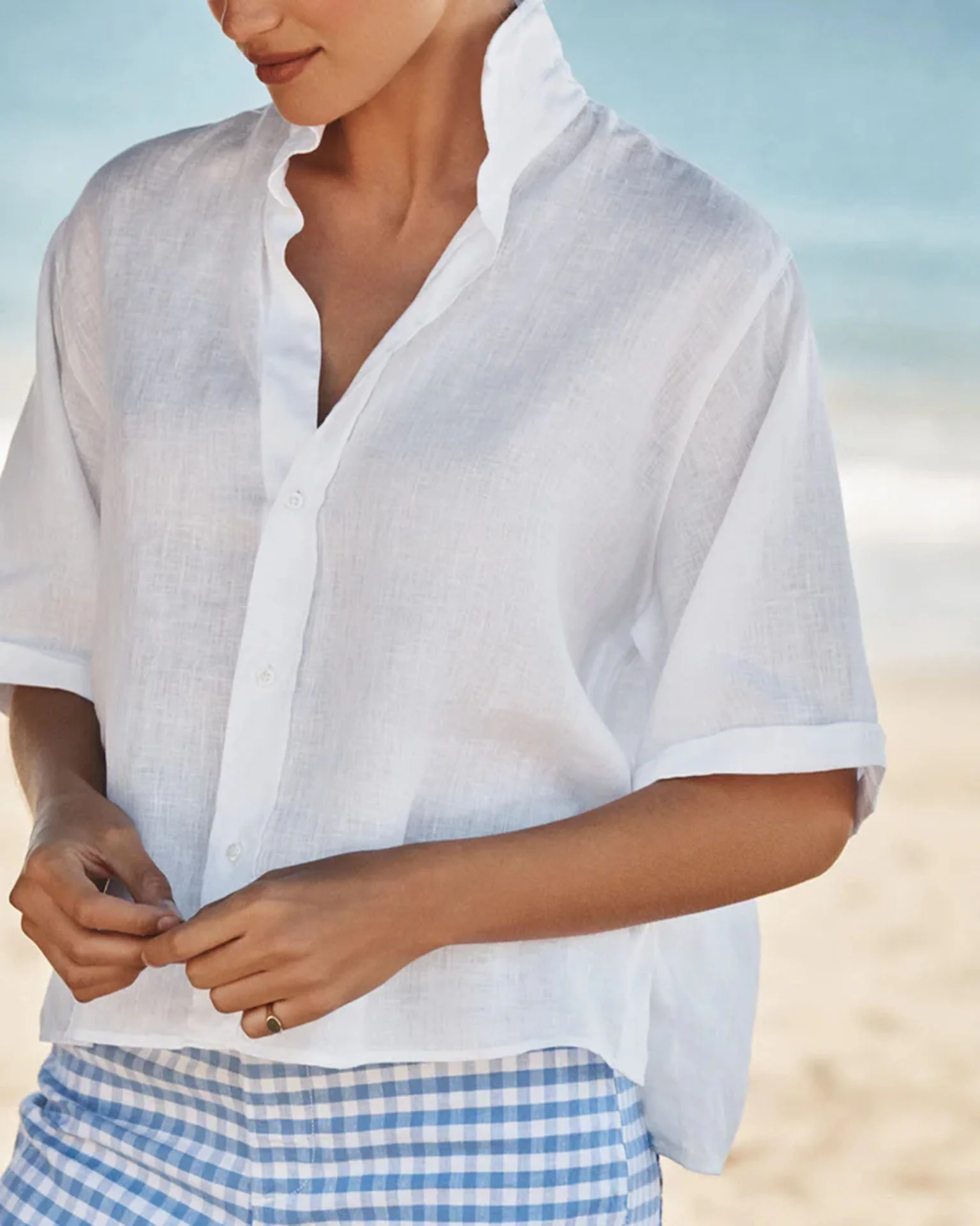 Rosie Short Sleeve Button Up in White Linen - Image 2