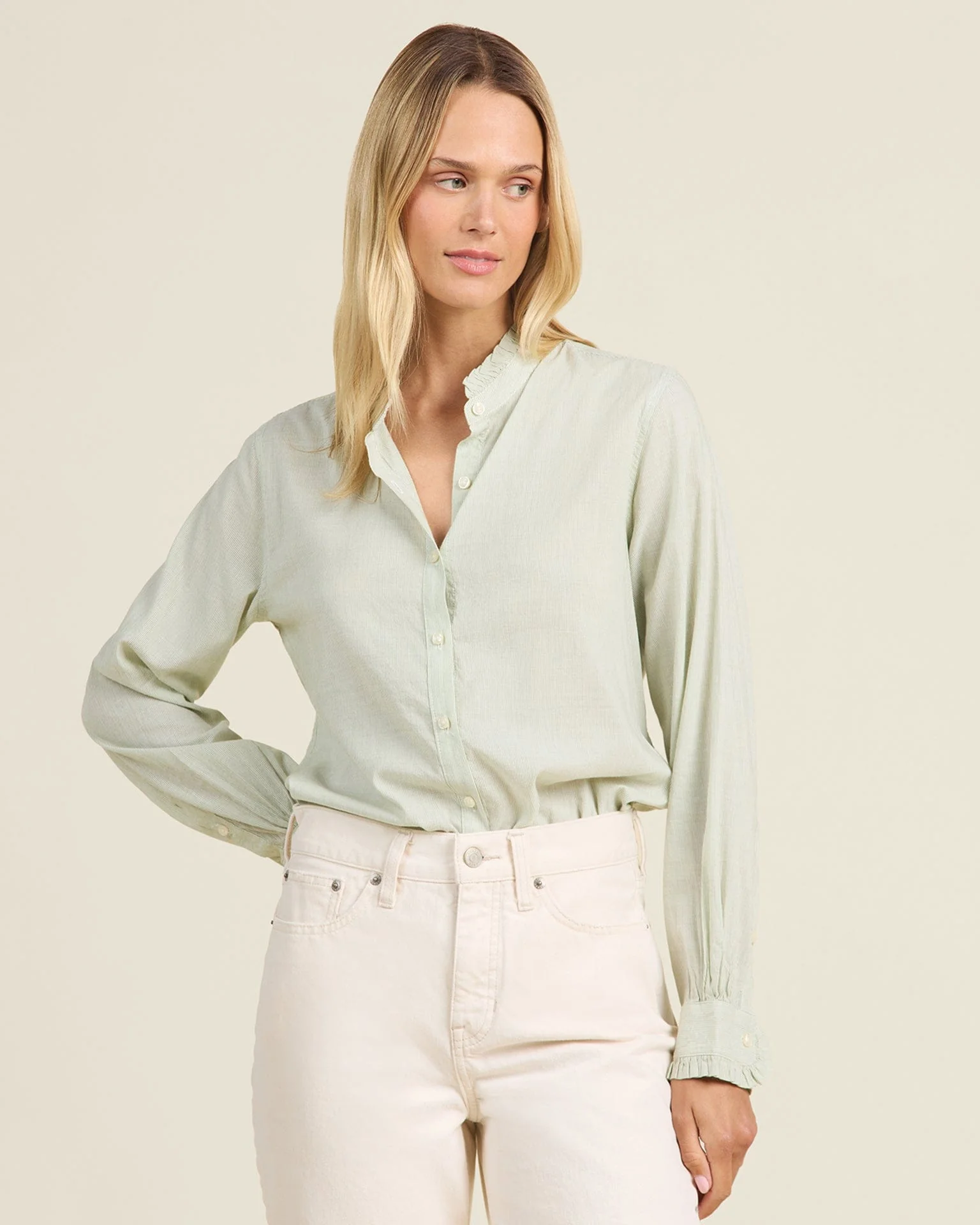 Rumi Blouse Hushed Meadow in Verde Micro Stripe