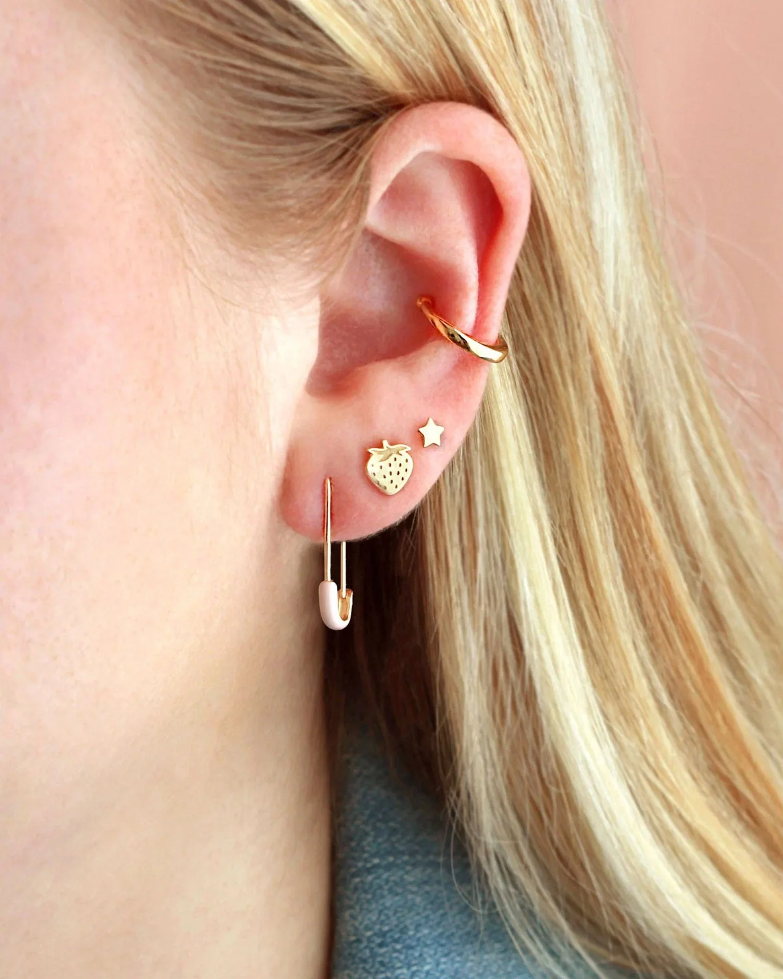 Safety Pin Enamel Hoop Earrings in Pink & 18K Gold Vermeil - Image 2