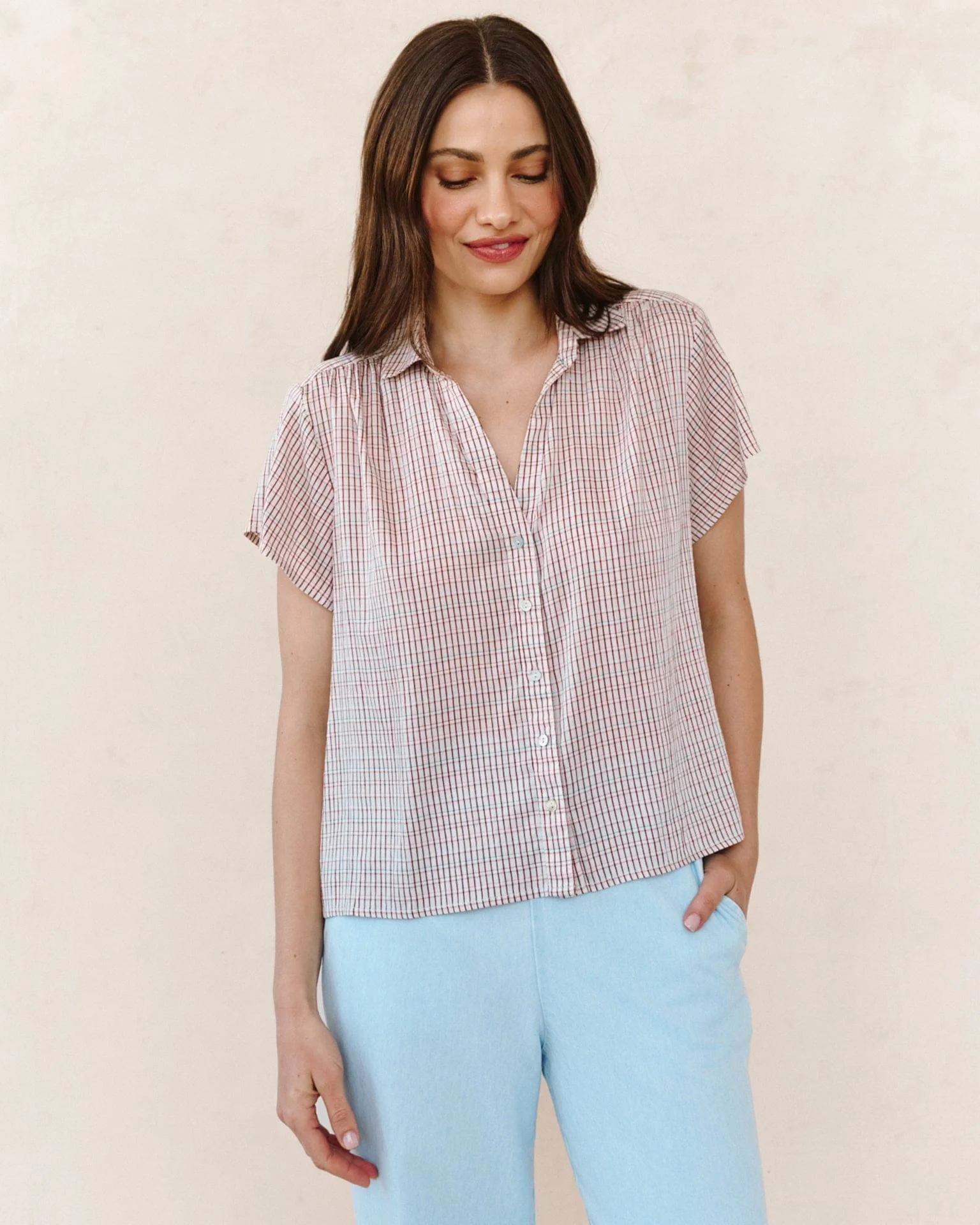 Shirred Short Sleeve Shirt in Sunwashed Check