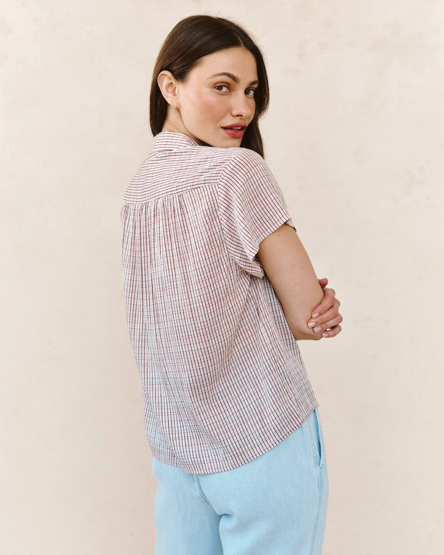 Shirred Short Sleeve Shirt in Sunwashed Check - Image 2