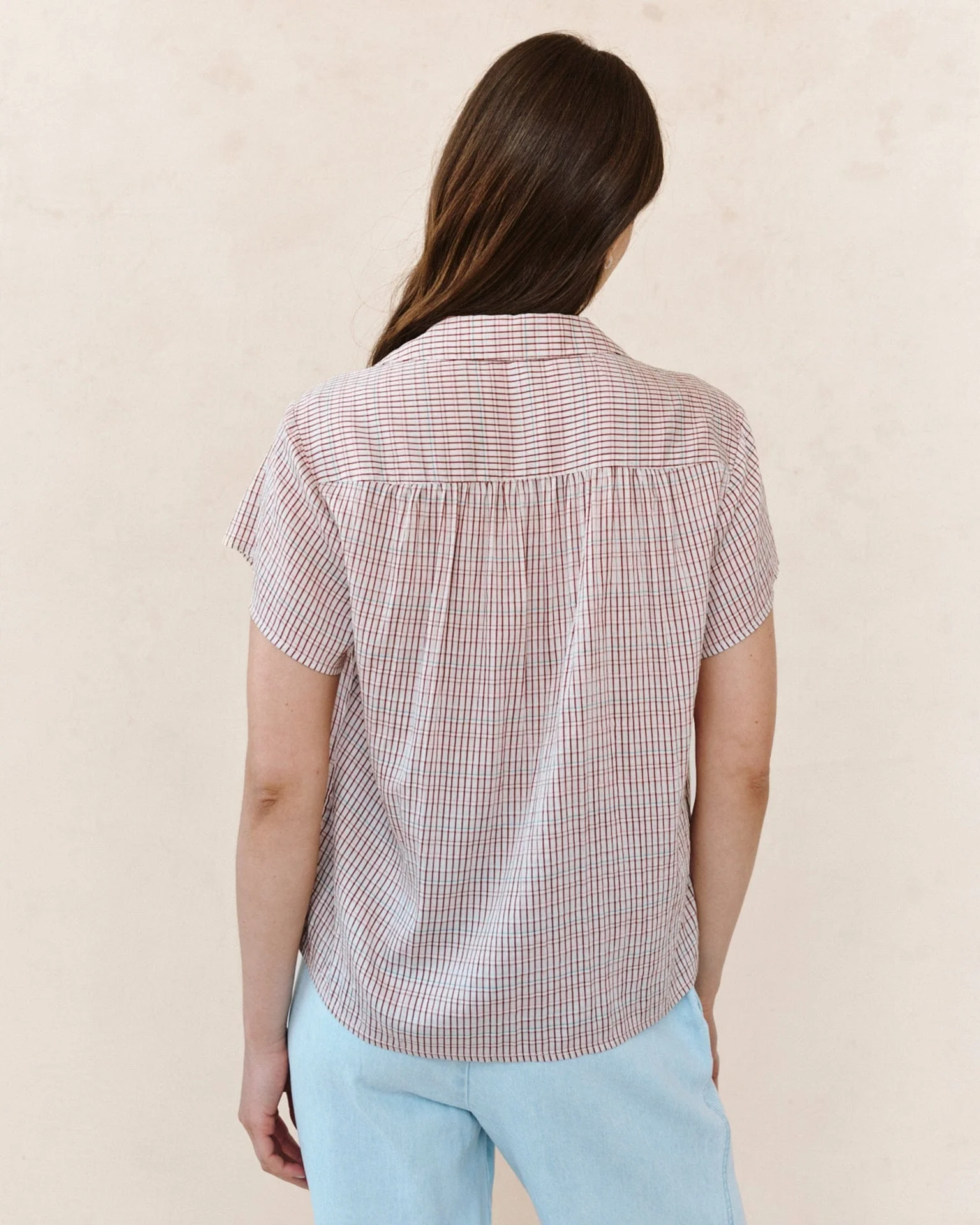 Shirred Short Sleeve Shirt in Sunwashed Check - Image 3