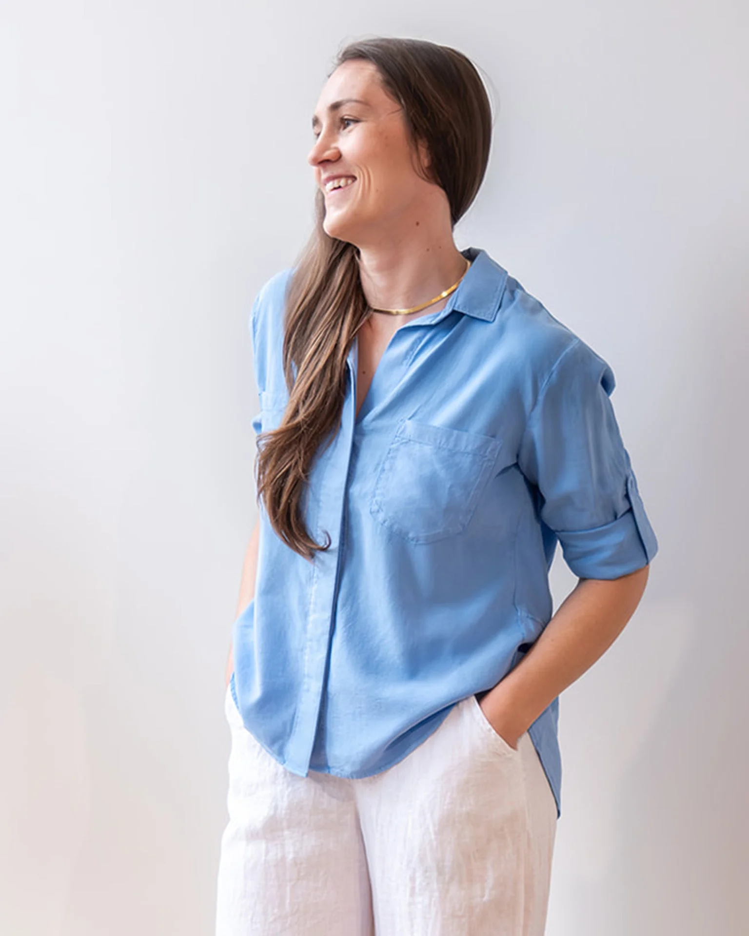 Split Back Button Down in Tidal Blue