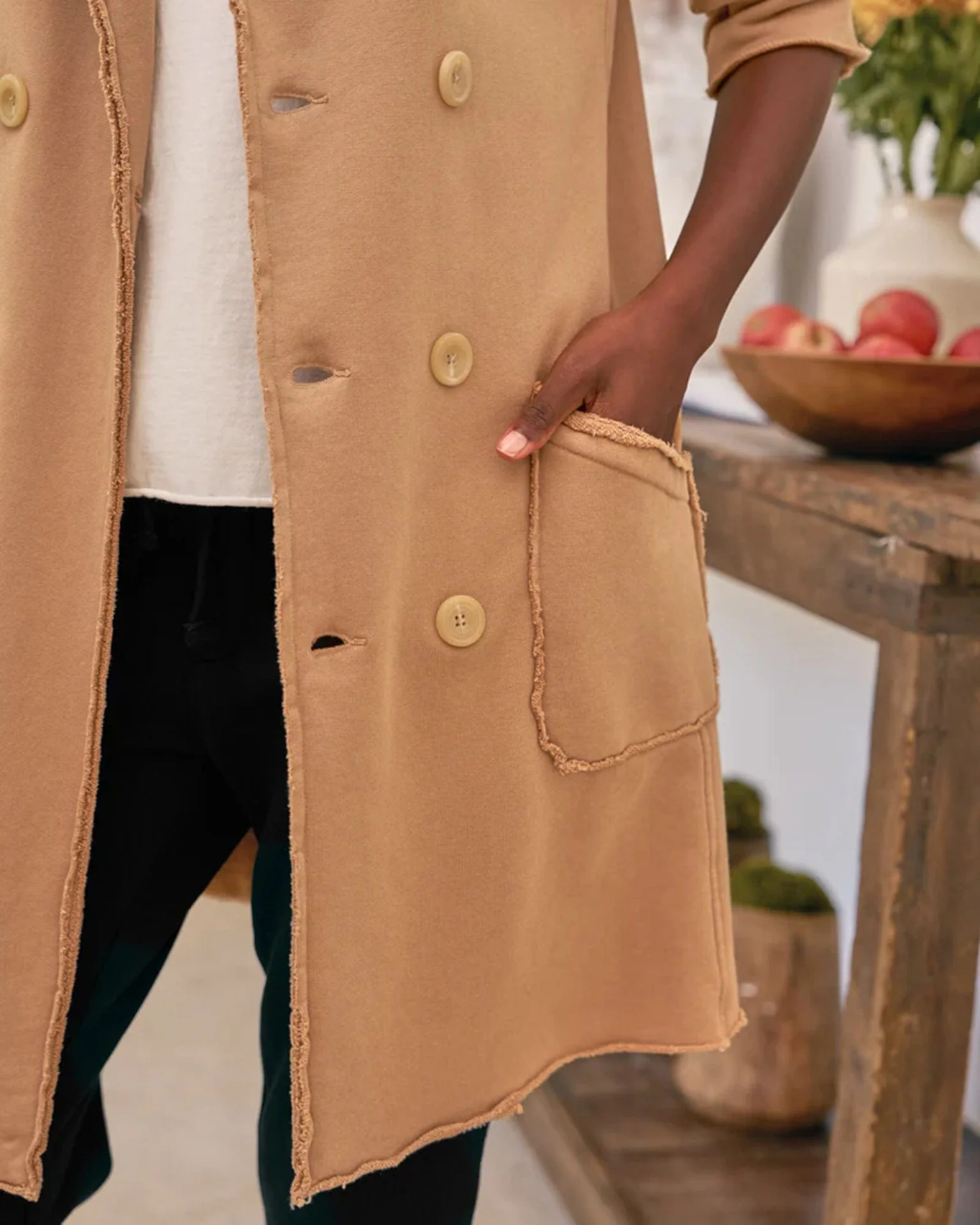 Sweatshirt Trench Coat in Camel - Image 3