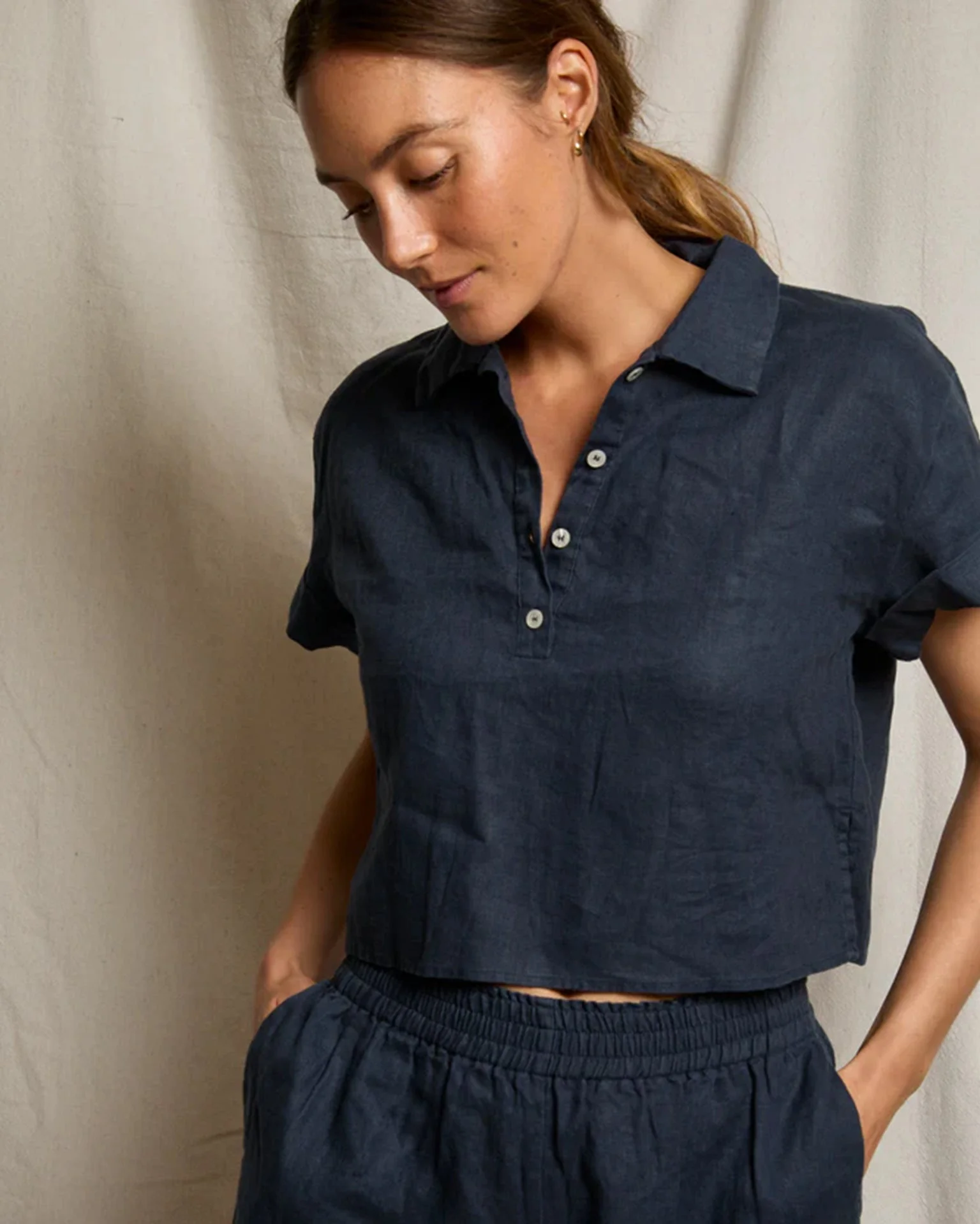 Tabitha - Linen 1/4 Button Down Collared Tee in Navy - Image 2