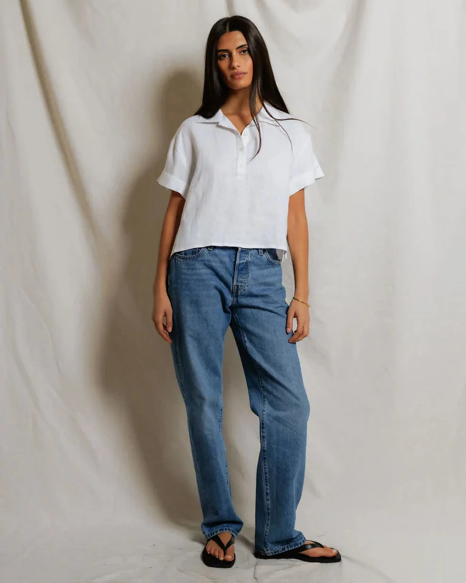Tabitha - Linen 1/4 Button Down Collared Tee in White - Image 2