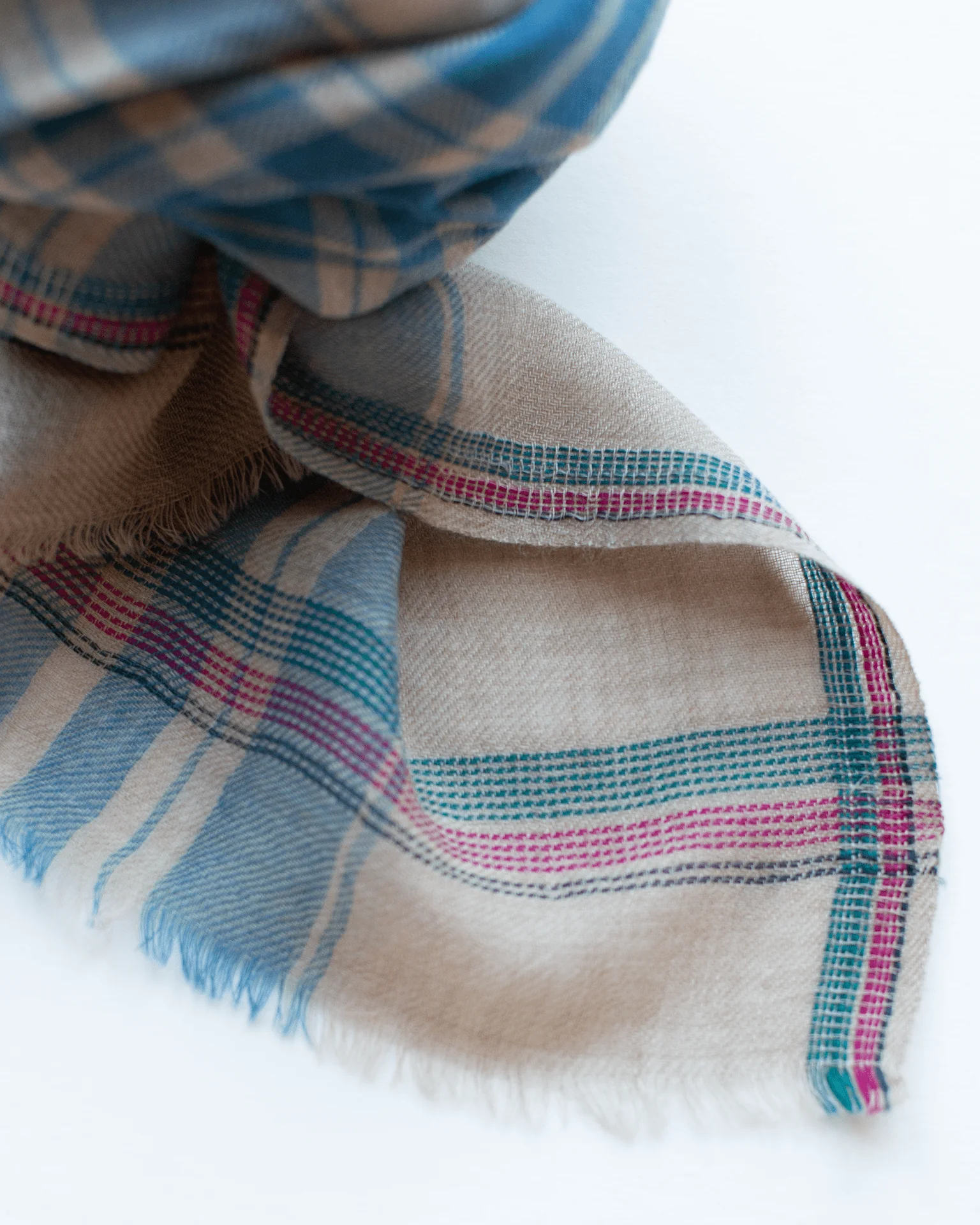 Tartan Scarf in Beige & Blue - Image 2