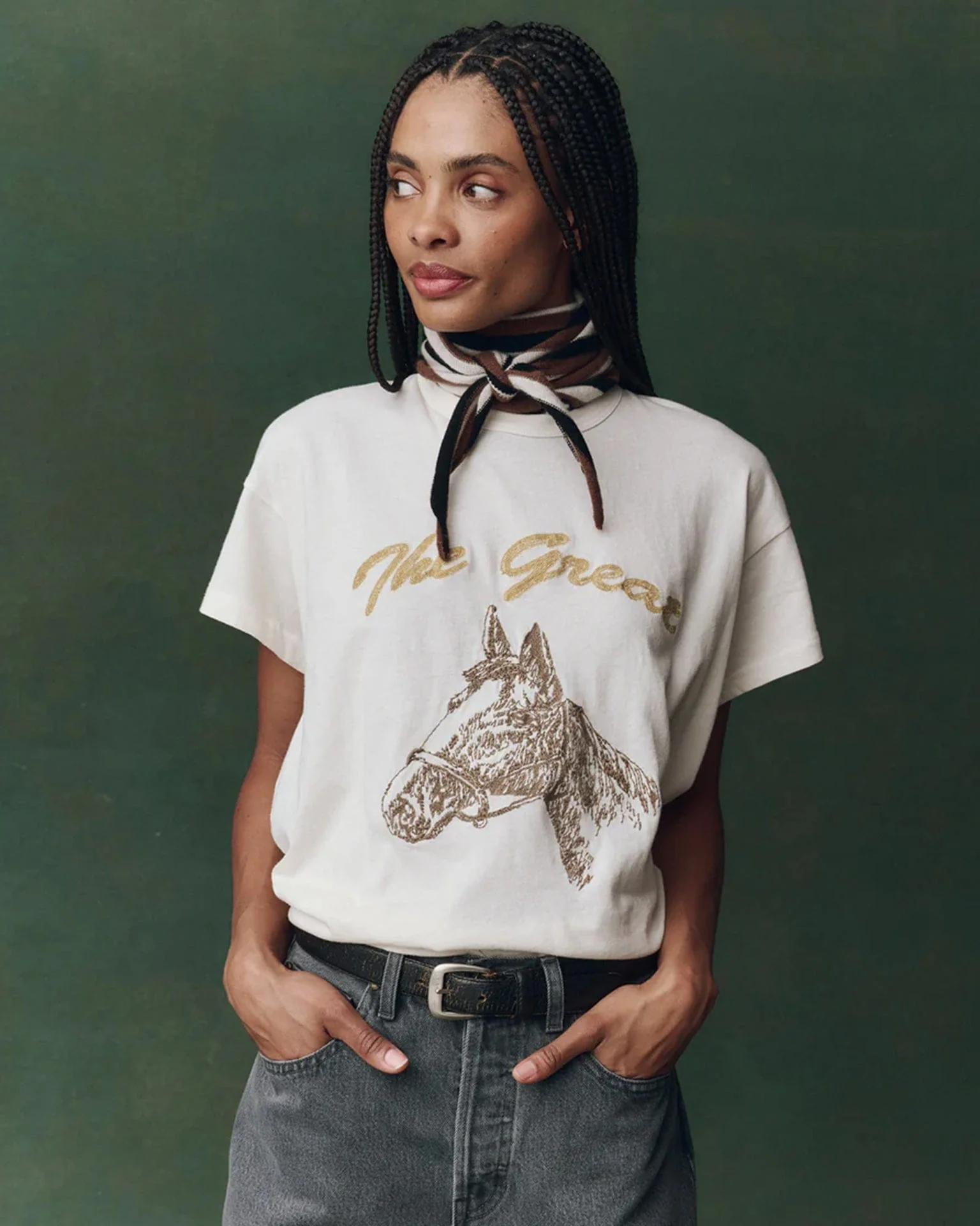 The Boxy Crew w/ Horse Embroidery in Washed White
