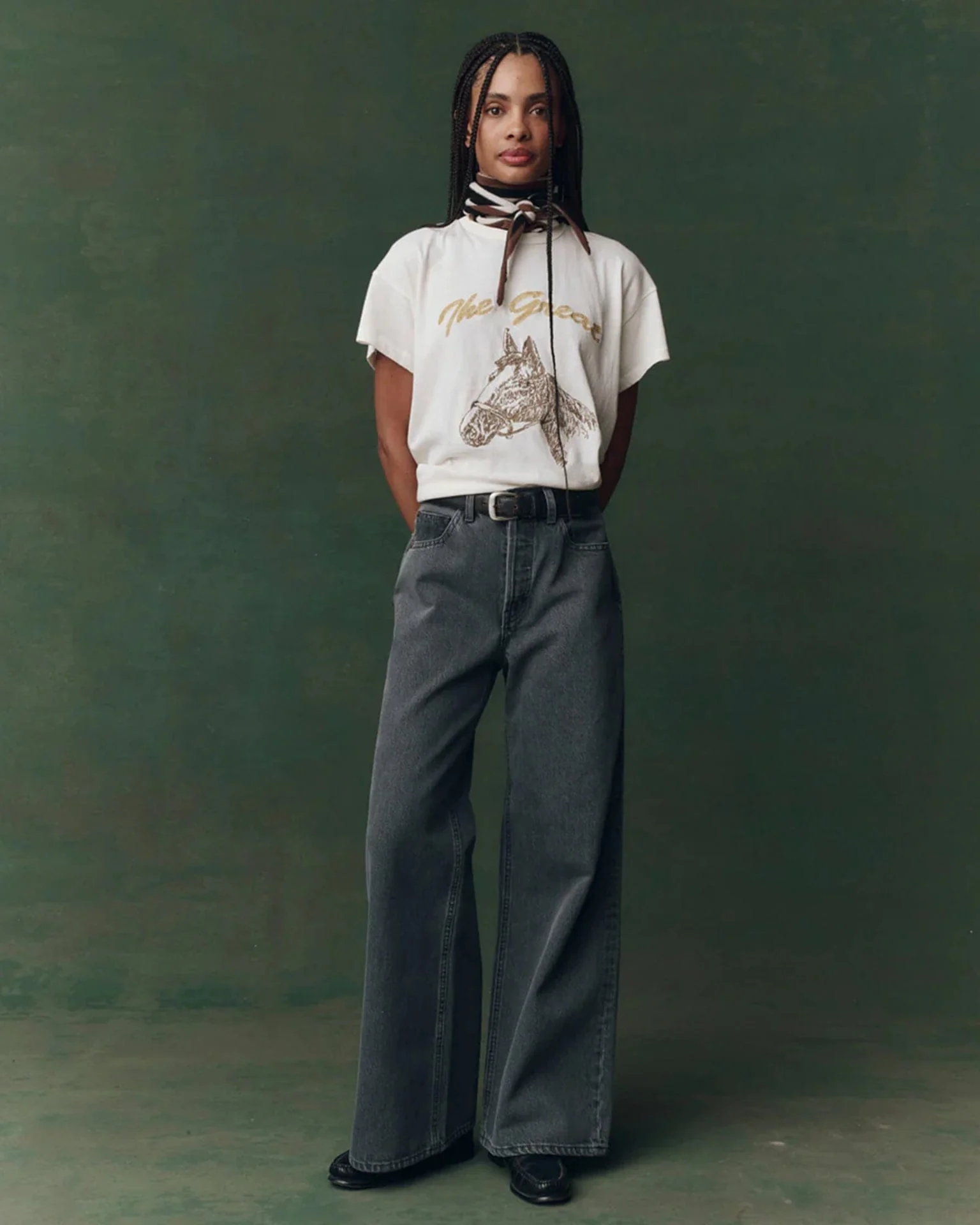 The Boxy Crew w/ Horse Embroidery in Washed White - Image 2