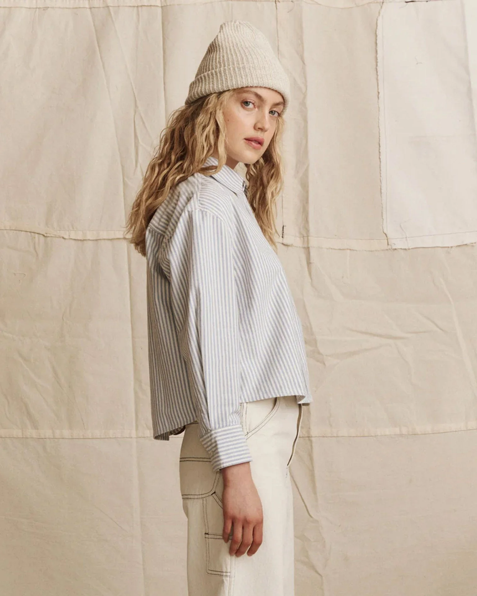 The Cropped Oxford Shirt in Soft Blue Stripe - Image 3