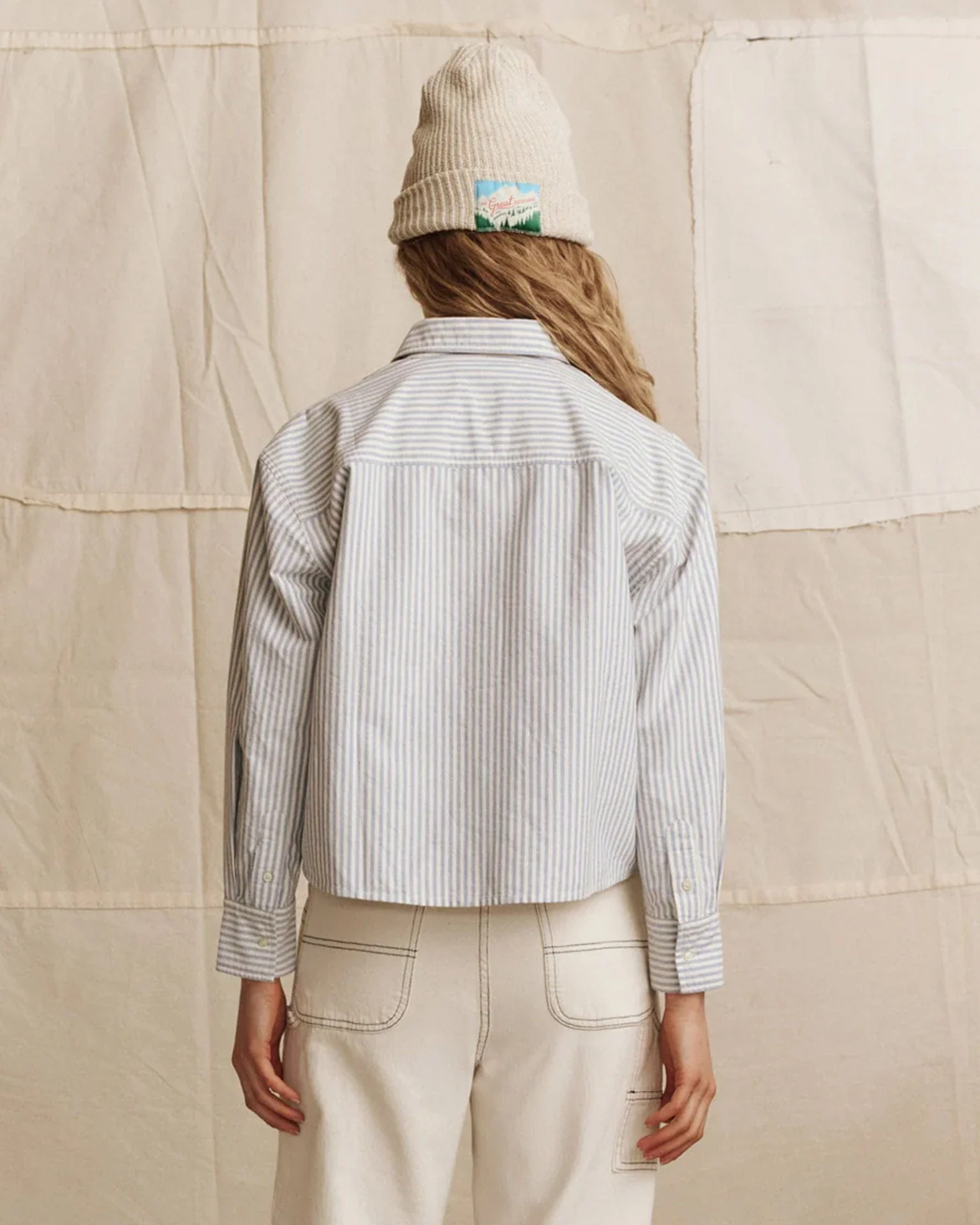 The Cropped Oxford Shirt in Soft Blue Stripe - Image 4