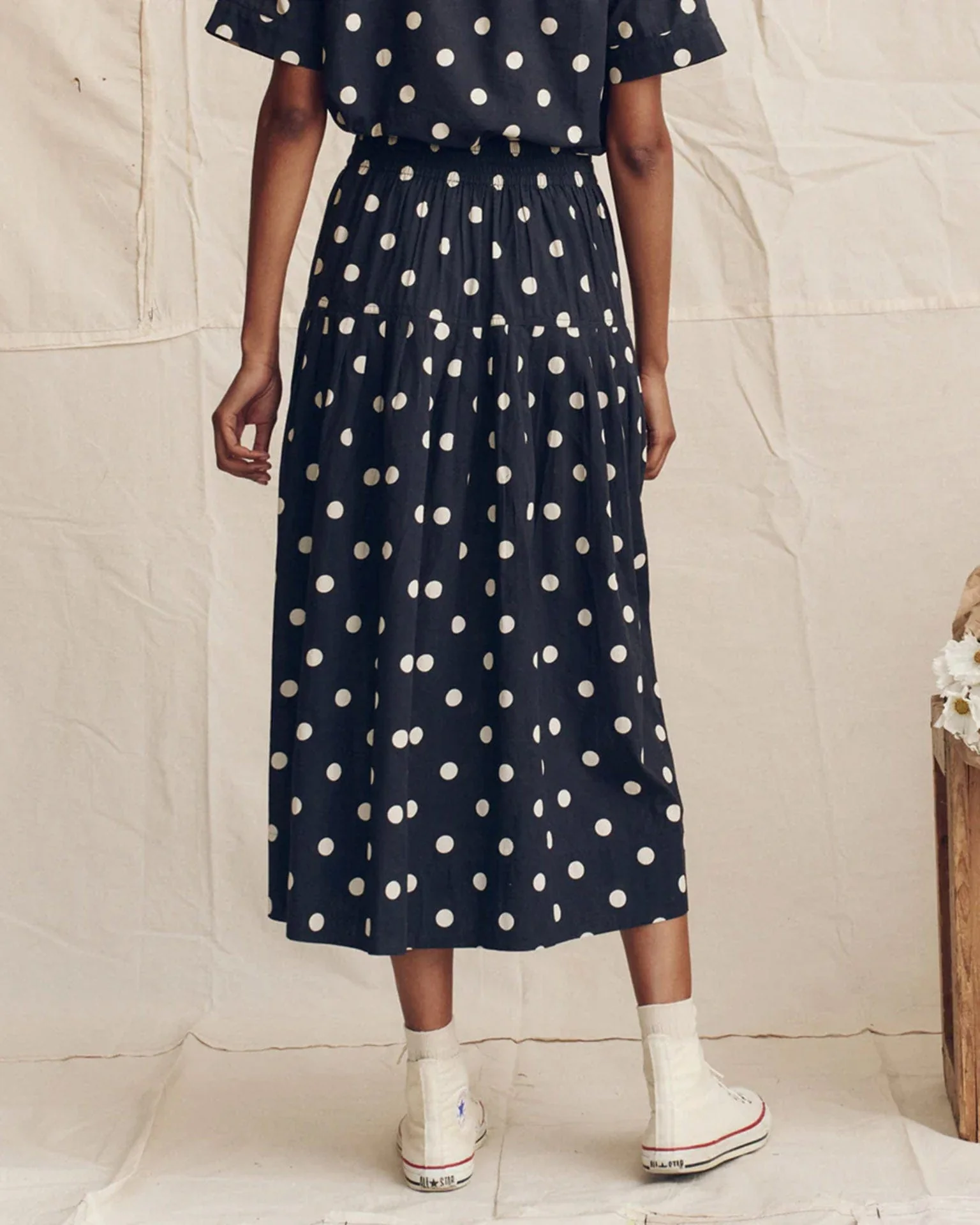 The Highland Skirt in Navy w/ Cream Polka Dots - Image 3