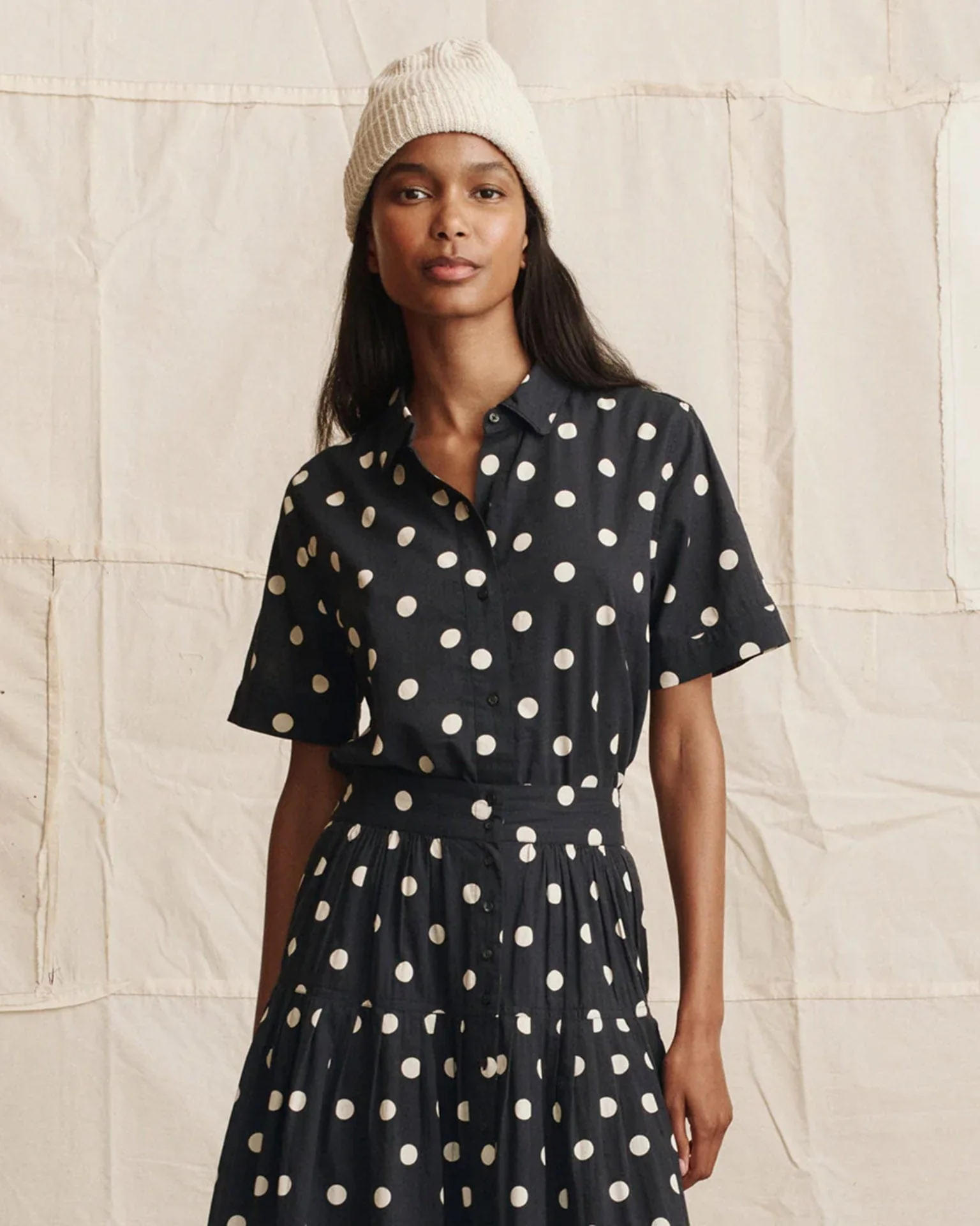 The Messenger Top in Navy w/ Cream Polka Dots