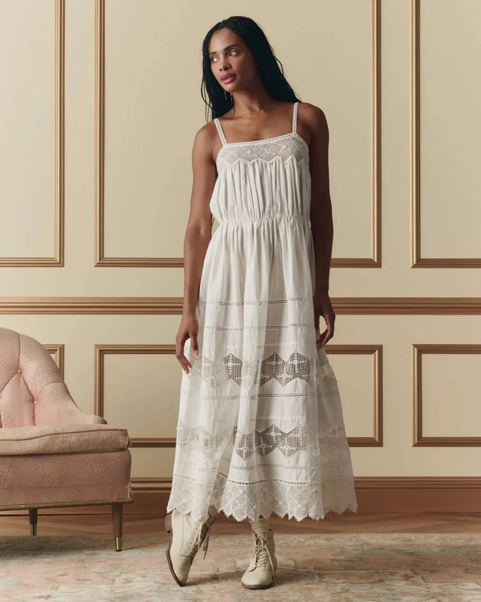The Rosette Crochet Dress in Cream